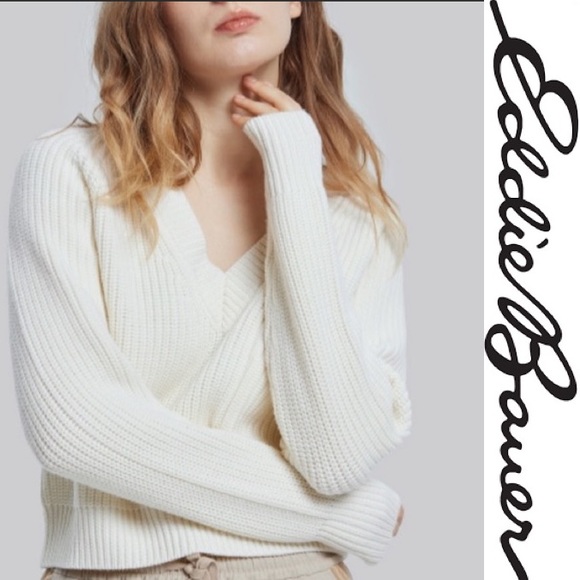Vintage Sweaters - Vintage Eddie Bauer Sweater V-neck Cotton Knit Ivory Cream Off White Size Large